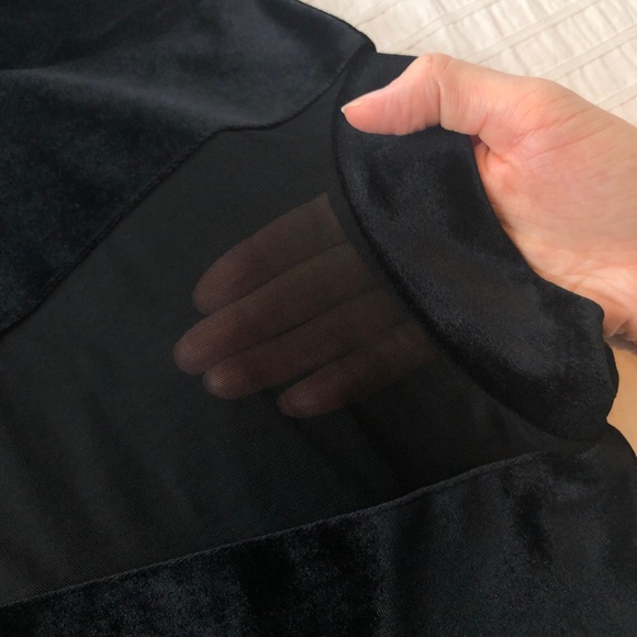 Long Sleeve Black Mesh Plunge Velvet Body Suit - Picture 2 of 11